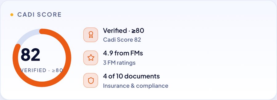 A Cadi Score of 82, with FM ratings and compliance documents listed beside it