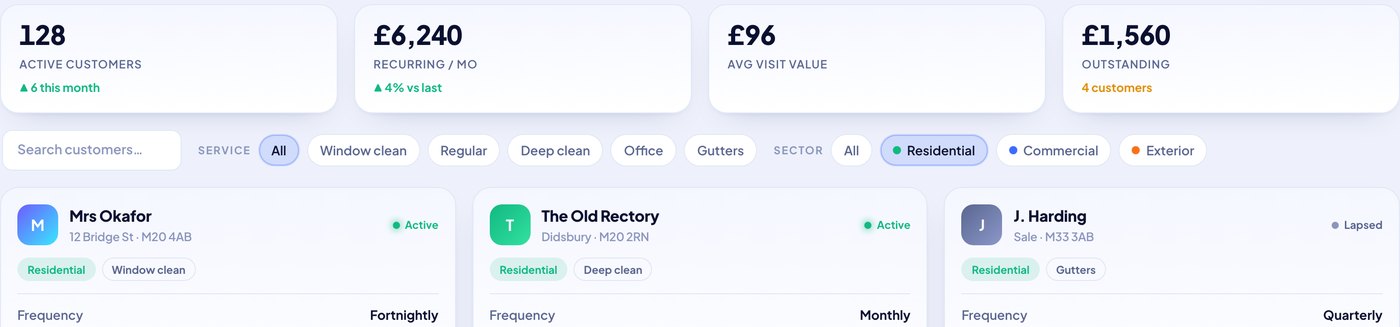 Cadi's customer list: 128 active customers, £6,240 recurring a month, £96 average visit, and customer cards showing frequency, next visit, value and balance