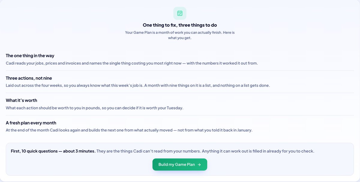 Cadi’s Game Plan: one thing to fix and three things to do, what each is worth in pounds, and a fresh plan every month