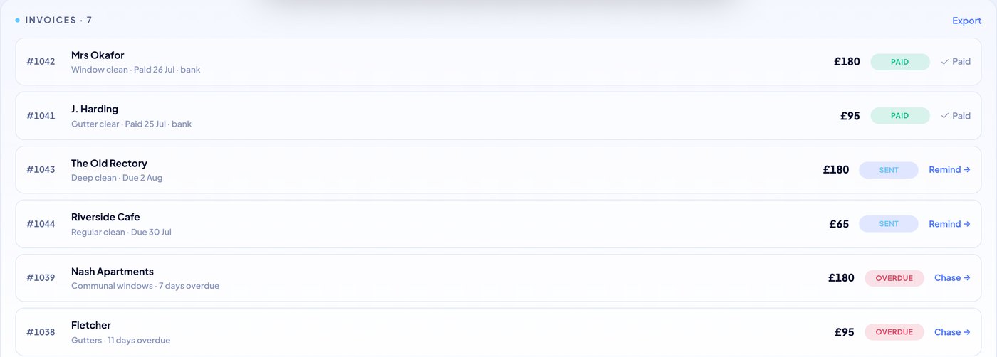 Cadi's invoice list: two paid, two sent with a Remind button, and two overdue with a Chase button