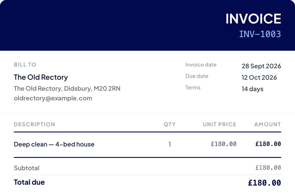 A Cadi invoice to The Old Rectory: one deep clean at £180, dated 28 September with 14-day terms, total due £180