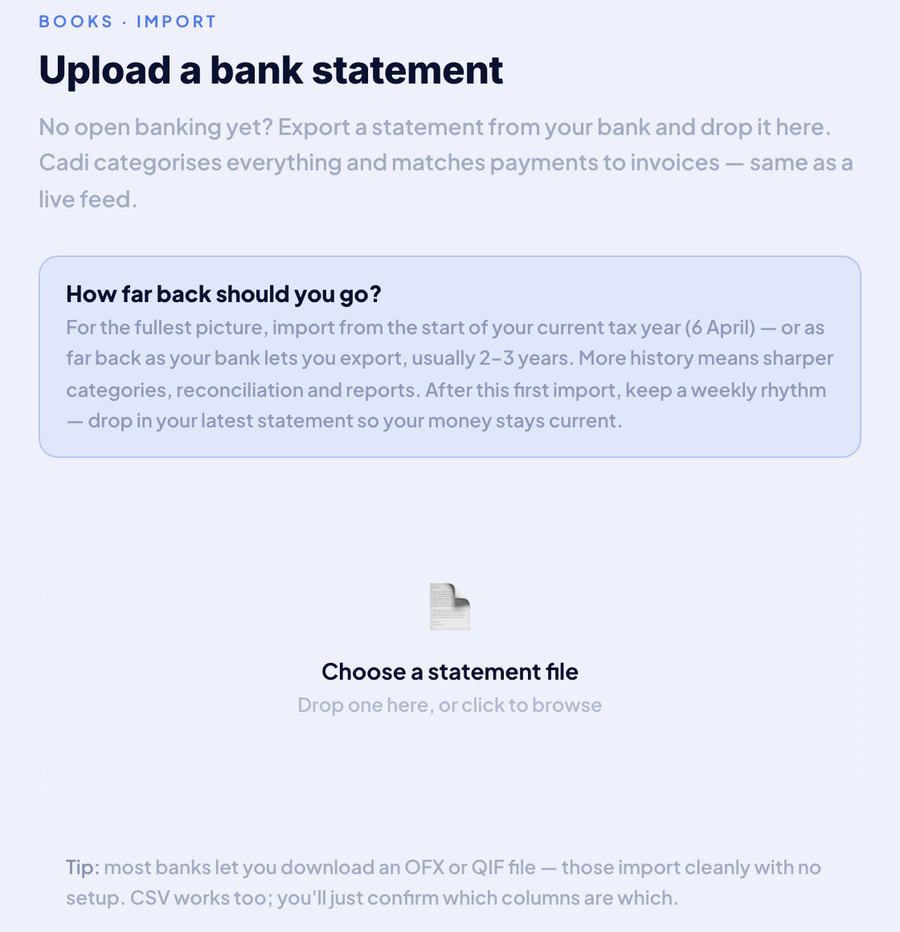Cadi's statement upload screen, with guidance on how far back to go and a drop zone for the statement file